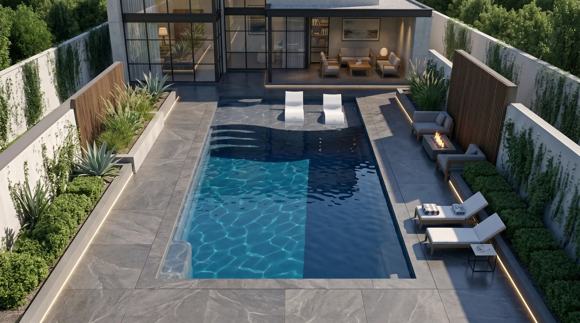 Modern fiberglass pool with sleek decking